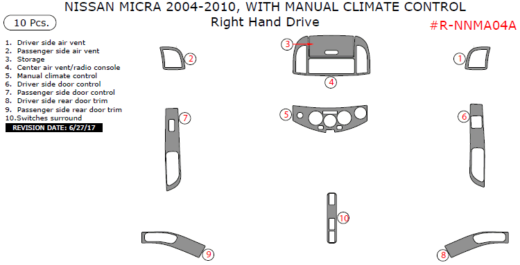 Nissan Micra 2004, 2005, 2006, 2007, 2008, 2009, 2010, Interior Dash Kit, Right Hand Drive, With Manual Climate Control, 10 Pcs. dash trim kits options