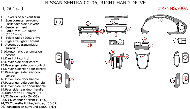 Nissan Sentra 2000, 2001, 2002, 2003, 2004, 2005, 2006, Interior Dash Kit, Right Hand Drive, 26 Pcs. dash trim kits options