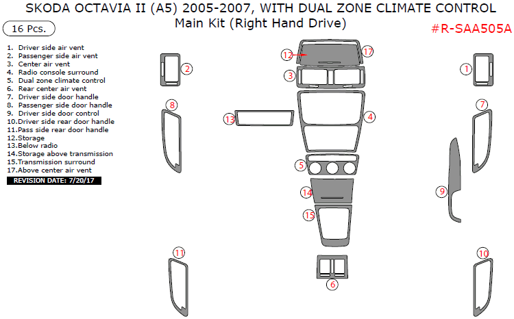 Skoda Octavia II (A5) 2005, 2006, 2007, Right Hand Drive, With Dual Zone Climate Control, Main Interior Kit, 16 Pcs. dash trim kits options