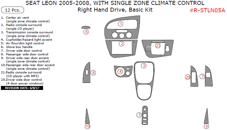 Seat Leon 2005, 2006, 2007, 2008, Right Hand Drive, With Single Zone Climate Control, Basic Interior Kit, 12 Pcs. dash trim kits options