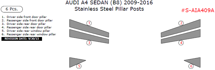 Audi A4 2009, 2010, 2011, 2012, 2013, 2014, 2015, 2016, Stainless Steel Pillar Posts, 6 Pcs. dash trim kits options