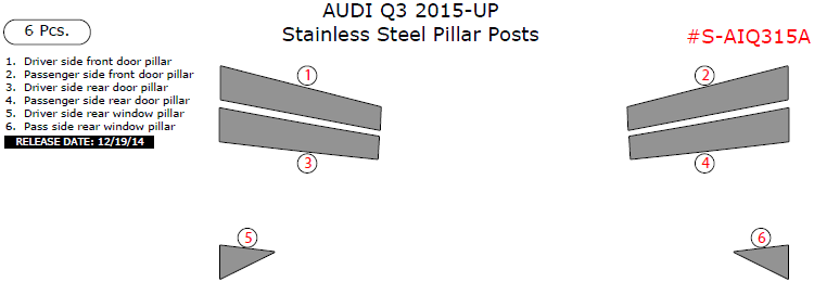 Audi Q3 2015, 2016, 2017, 2018, ,2019 Stainless Steel Pillar Posts, 6 Pcs. dash trim kits options