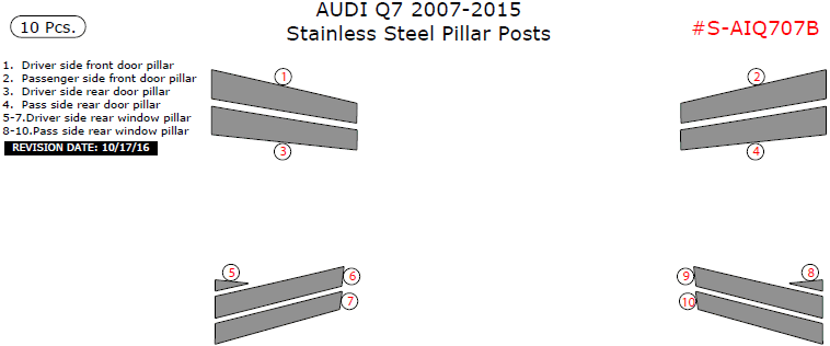 Audi Q7 2007, 2008, 2009, 2010, 2011, 2012, 2013, 2014, 2015, Stainless Steel Pillar Posts, 10 Pcs. dash trim kits options