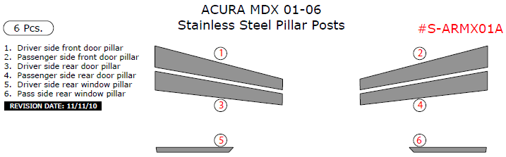 Acura MDX 2001, 2002, 2003, 2004, 2005, 2006, Stainless Steel Pillar Posts, 6 Pcs. dash trim kits options