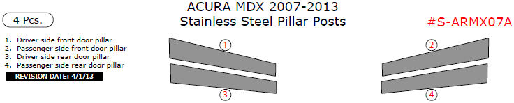 Acura MDX 2007, 2008, 2009, 2010, 2011, 2012, 2013, Stainless Steel Pillar Posts, 4 Pcs. dash trim kits options