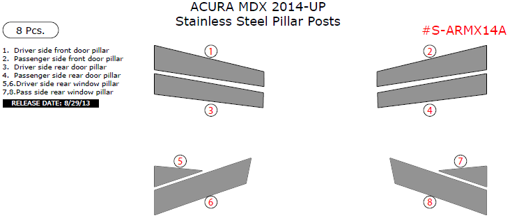 Acura MDX 2014, 2015, 2016, Stainless Steel Pillar Posts, 8 Pcs. dash trim kits options