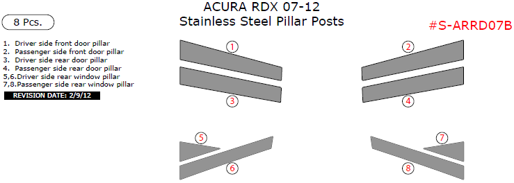 Acura RDX 2007, 2008, 2009, 2010, 2011, 2012, Stainless Steel Pillar Posts, 8 Pcs. dash trim kits options