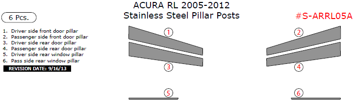 Acura RL 2005, 2006, 2007, 2008, 2009, 2010, 2011, 2012, Stainless Steel Pillar Posts, 6 Pcs. dash trim kits options
