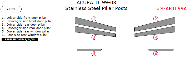 Acura TL 1999, 2000, 2001, 2002, 2003, Stainless Steel Pillar Posts, 6 Pcs. dash trim kits options