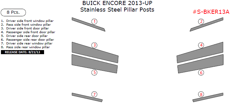 Buick Encore 2013, 2014, 2015, 2017, Stainless Steel Pillar Posts, 8 Pcs. dash trim kits options