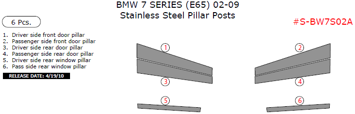 BMW 7 Series (E65) 2002, 2003, 2004, 2005, 2006, 2007, 2008, 2009, Stainless Steel Pillar Posts, 6 Pcs. dash trim kits options