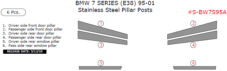 BMW 7 Series (E38) 1995, 1996, 1997, 1998, 1999, 2000, 2001, Stainless Steel Pillar Posts, 6 Pcs. dash trim kits options