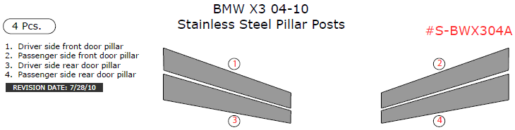 BMW X3 2004, 2005, 2006, 2007, 2008, 2009, 2010, Stainless Steel Pillar Posts, 4 Pcs. dash trim kits options