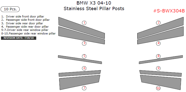 BMW X3 2004, 2005, 2006, 2007, 2008, 2009, 2010, Stainless Steel Pillar Posts, 10 Pcs. dash trim kits options