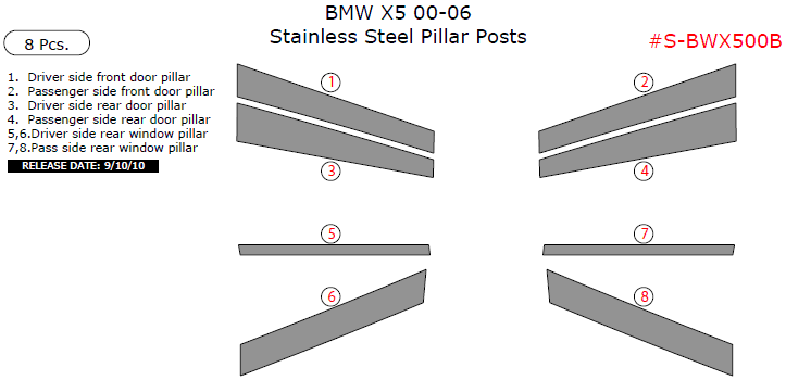 BMW X5 2000, 2001, 2002, 2003, 2004, 2005, 2006, Stainless Steel Pillar Posts, 8 Pcs. dash trim kits options