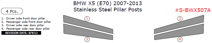 BMW X5 (E70) 2007, 2008, 2009, 2010, 2011, 2012, 2013, Stainless Steel Pillar Posts, 4 Pcs. dash trim kits options