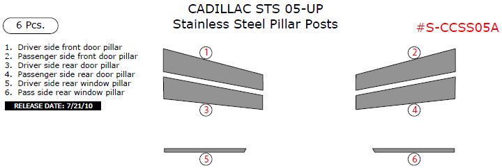 Cadillac STS 2005, 2006, 2007, 2008, 2009, 2010, 2011, 2012, 2013, 2014, 2015, Stainless Steel Pillar Posts, 6 Pcs. dash trim kits options