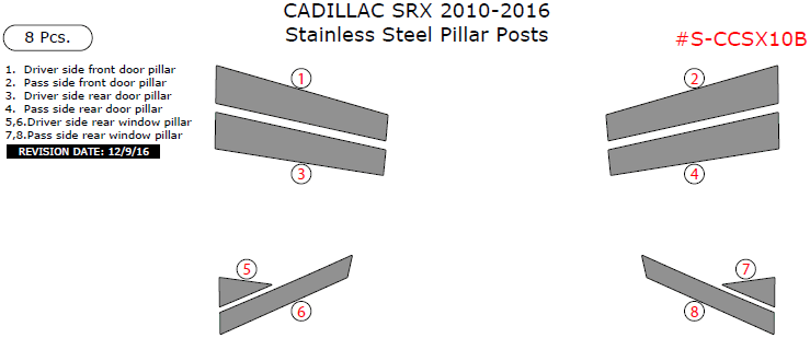Cadillac SRX 2010, 2011, 2012, 2013, 2014, 2015, 2016, Stainless Steel Pillar Posts, 8 Pcs. dash trim kits options