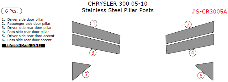Chrysler 300 2005, 2006, 2007, 2008, 2009, 2010, Stainless Steel Pillar Posts, 6 Pcs. dash trim kits options