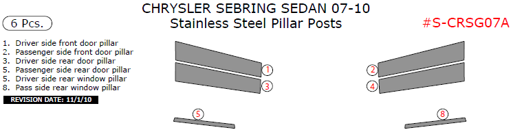 Chrysler Sebring Sedan 2007, 2008, 2009, 2010, Stainless Steel Pillar Posts, 6 Pcs. dash trim kits options