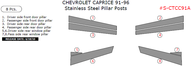 Chevrolet Caprice 1991, 1992, 1993, 1994, 1995, 1996, Stainless Steel Pillar Posts, 8 Pcs. dash trim kits options
