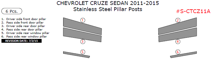 Chevrolet Cruze Sedan 2011, 2012, 2013, 2014, 2015, Stainless Steel Pillar Posts, 6 Pcs. dash trim kits options