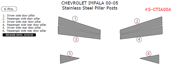 Chevrolet Impala 2000, 2001, 2002, 2003, 2004, 2005, Stainless Steel Pillar Posts, 6 Pcs. dash trim kits options