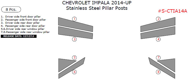 Chevrolet Impala 2014, 2015, 2016, 2017, 2018, 2019, 2020 Stainless Steel Pillar Posts, 8 Pcs. dash trim kits options