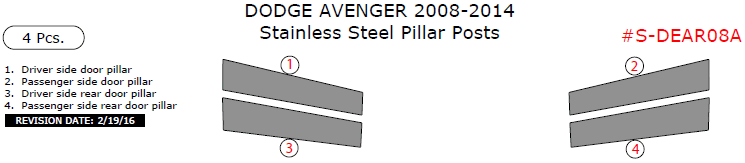 Dodge Avenger 2008, 2009, 2010, 2011, 2012, 2013, 2014, Stainless Steel Pillar Posts, 4 Pcs. dash trim kits options