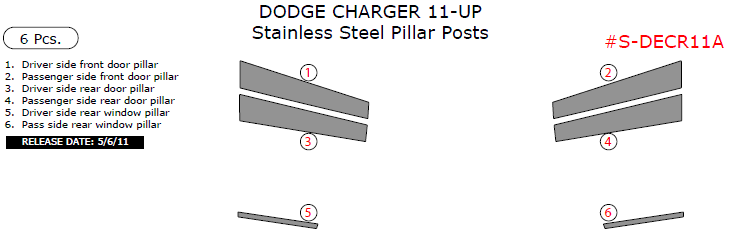 Dodge Charger 2011, 2012, 2013, 2014, 2015, 2016, 2017, 2018, 2019, 2020, 2021, 2022, 2023, 2024, 2025 Stainless Steel Pillar Posts, 6 Pcs. dash trim kits options