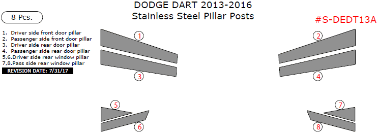 Dodge Dart 2013, 2014, 2015, 2016, Stainless Steel Pillar Posts, 8 Pcs. dash trim kits options