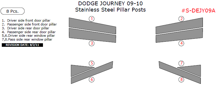 Dodge Journey 2009-2010, Stainless Steel Pillar Posts, 8 Pcs. dash trim kits options