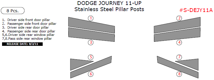 Dodge Journey 2011, 2012, 2013, 2014, 2015, 2016, 2017, 2018, Stainless Steel Pillar Posts, 8 Pcs. dash trim kits options