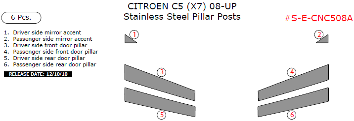 Citroen C5 (X7) 2008, 2009, 2010, 2011, 2012, 2013, 2014, 2015, Stainless Steel Pillar Posts, 6 Pcs. dash trim kits options