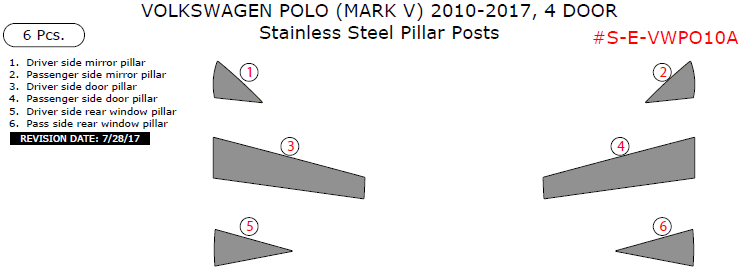Volkswagen Polo (Mark V) 2010, 2011, 2012, 2013, 2014, 2015, 2016, 2017, 4 Door, Stainless Steel Pillar Posts, 6 Pcs. dash trim kits options