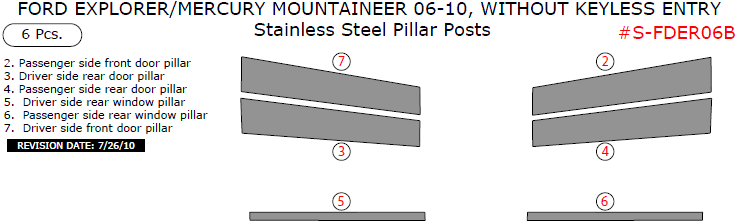 Ford Explorer/Mercury Mountaineer 2006, 2007, 2008, 2009, 2010, Stainless Steel Pillar Posts, Without Keyless Entry, 6 Pcs. dash trim kits options