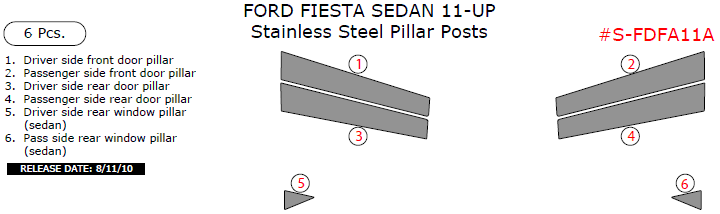 Ford Fiesta Sedan 2011, 2012, 2013, 2014, 2015, 2016, 2017, 2018, Stainless Steel Pillar Posts, 6 Pcs. dash trim kits options
