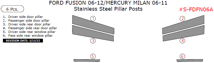 Ford Fusion 2006, 2007, 2008, 2009, 2010, 2011, 2012/Mercury Milan 2006, 2007, 2008, 2009, 2010, 2011, Stainless Steel Pillar Posts, 6 Pcs. dash trim kits options