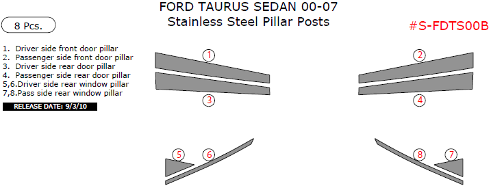 Ford Taurus Sedan 2000, 2001, 2002, 2003, 2004, 2005, 2006, 2007, Stainless Steel Pillar Posts, 8 Pcs. dash trim kits options