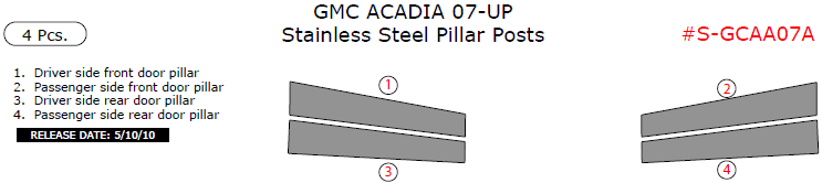 GMC Acadia 2007, 2008, 2009, 2010, 2011, 2012, 2013, 2014, 2015, Stainless Steel Pillar Posts, 4 Pcs. dash trim kits options