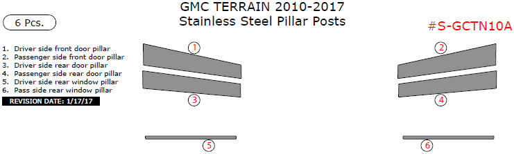 GMC Terrain 2010, 2011, 2012, 2013, 2014, 2015, 2016, 2017, Stainless Steel Pillar Posts, 6 Pcs. dash trim kits options