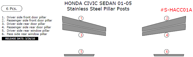 Honda Civic Sedan 2001, 2002, 2003, 2004, 2005, Stainless Steel Pillar Posts, 6 Pcs. dash trim kits options