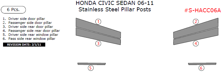 Honda Civic Sedan 2006, 2007, 2008, 2009, 2010, 2011, Stainless Steel Pillar Posts, 6 Pcs. dash trim kits options