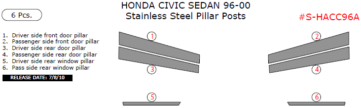 Honda Civic Sedan 1996, 1997, 1998, 1999, 2000, Stainless Steel Pillar Posts, 6 Pcs. dash trim kits options