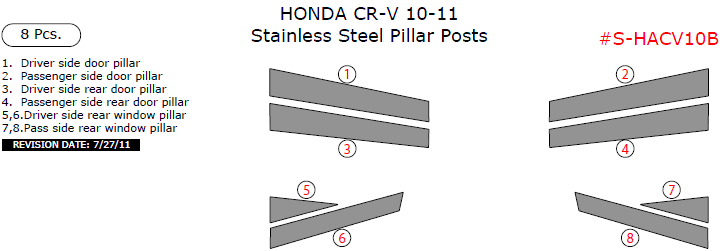 Honda CR-V 2010-2011, Stainless Steel Pillar Posts, 8 Pcs. dash trim kits options