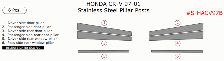 Honda CR-V 1997, 1998, 1999, 2000, 2001, Stainless Steel Pillar Posts, 6 Pcs. dash trim kits options
