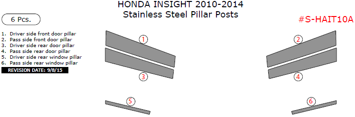 Honda Insight 2010, 2011, 2012, 2013, 2014, Stainless Steel Pillar Posts, 6 Pcs. dash trim kits options