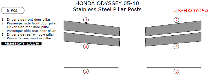Honda Odyssey 2005, 2006, 2007, 2008, 2009, 2010, Stainless Steel Pillar Posts, 6 Pcs. dash trim kits options