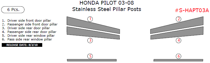 Honda Pilot 2003, 2004, 2005, 2006, 2007, 2008, Stainless Steel Pillar Posts, 6 Pcs. dash trim kits options