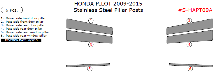Honda Pilot 2009, 2010, 2011, 2012, 2013, 2014, 2015, Stainless Steel Pillar Posts, 6 Pcs. dash trim kits options